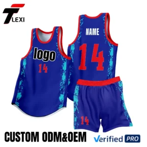 Custom Basketball Jersey Set - Blue with Splash Pattern & Red Trim | ODM/OEM for Export