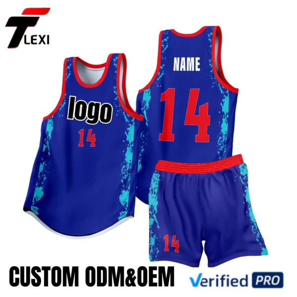 1 Custom Basketball Jersey Set - Blue with Splash Pattern & Red Trim | ODM/OEM for Export