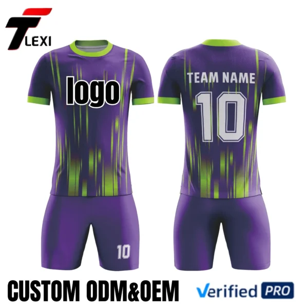 11 Purple & Green Stripe Football Kit Design - Custom ODM/OEM Team Uniform Schematic | Verified PRO Supplier
