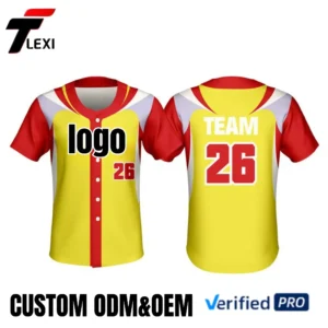 11 Custom Baseball Jersey - Yellow & Red Color Block Design with Team Branding | ODM/OEM Service | Verified PRO Supplier