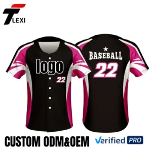 12 Black Baseball Jersey with Pink & White Stripes - Custom ODM/OEM Team Uniform with Number 22 Printing | Verified PRO Supplier