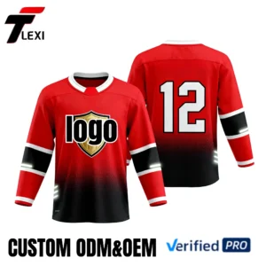 12 Pro Ice Hockey Jersey - Red with Black Gradient & Gold Logo | Custom ODM/OEM Team Uniform with Number 12 | Verified PRO Supplier