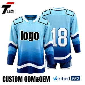 13 Pro Ice Hockey Jersey - Blue Gradient Design with Wave Stripes | Custom ODM/OEM Team Uniform with Number 18 | Verified PRO Supplier