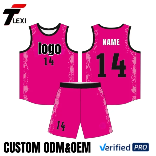 14 Pink Basketball Uniform Set - Custom ODM/OEM Sleeveless Jersey & Shorts with Number Printing | Verified PRO Supplier