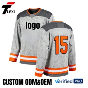 Pro Ice Hockey Jersey - Grey with Orange Accents & Number | Custom ODM/OEM Team Uniform | Verified PRO Supplier