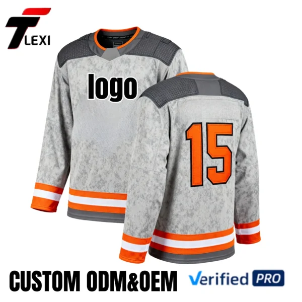15 Pro Ice Hockey Jersey - Grey with Orange Accents & Number | Custom ODM/OEM Team Uniform | Verified PRO Supplier