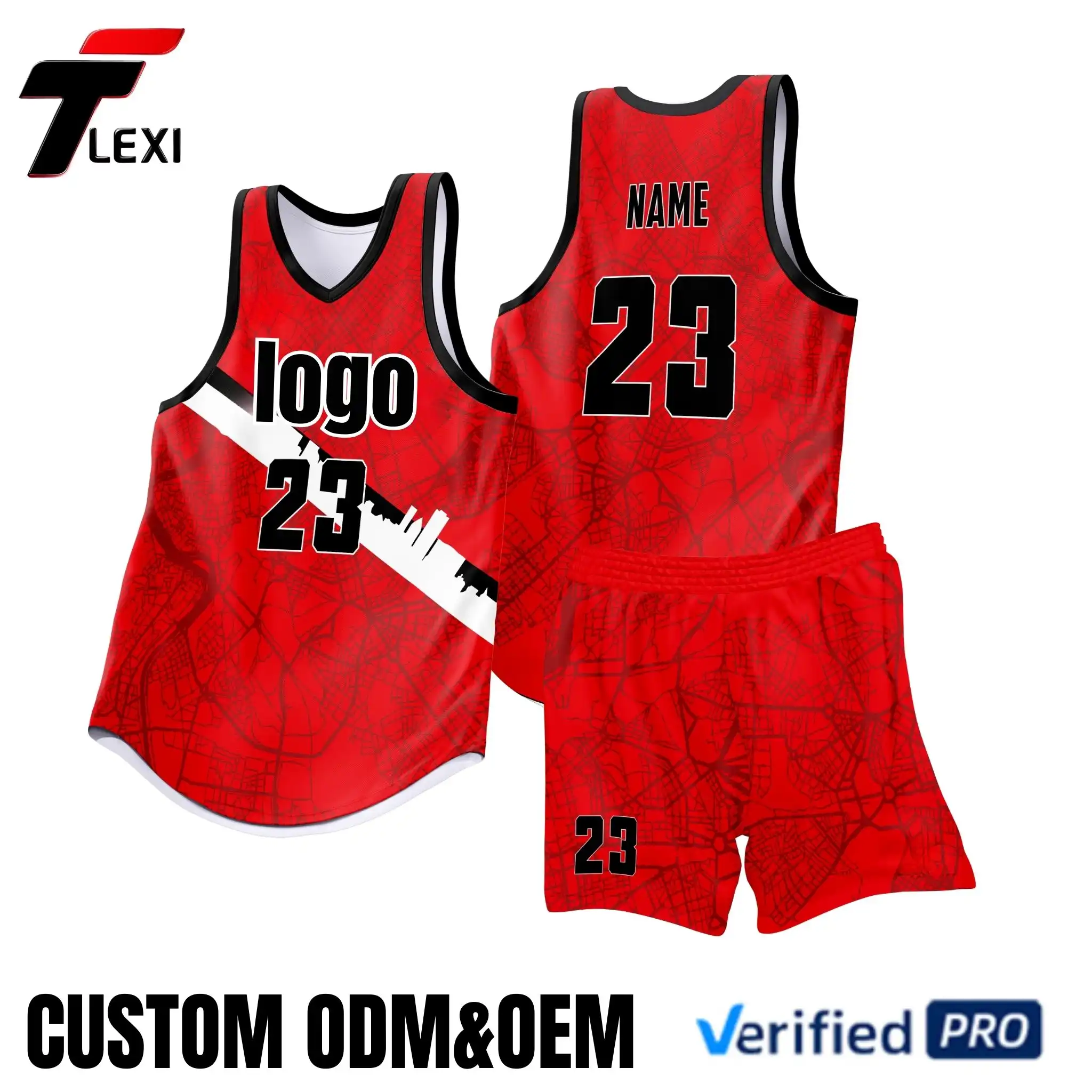 Red Basketball Jersey Set with Urban Map Design - Custom ODM/OEM Team Uniforms | Verified PRO Supplier