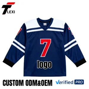 16 Pro Ice Hockey Jersey - Navy Blue with White Stripes & Red Number 7 | Custom ODM/OEM Team Uniform | Verified PRO Supplier