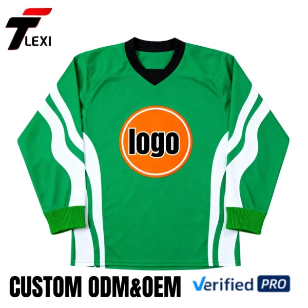 Pro Ice Hockey Jersey - Green with Orange Logo & Wave Design | Custom ODM/OEM Team Uniform | Verified PRO Supplier