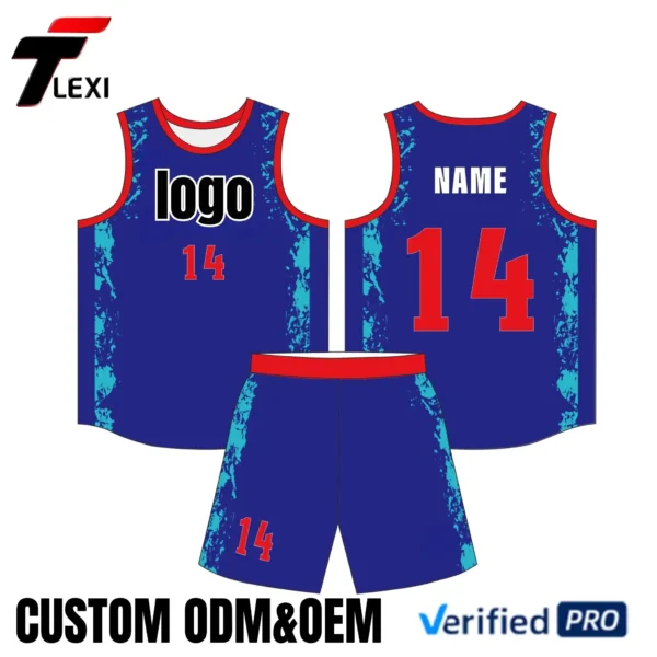 2 Custom Basketball Jersey Set - Blue with Splash Pattern & Red Trim | ODM/OEM for Export