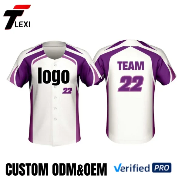 2 White & Purple Baseball Jersey - Custom ODM/OEM Team Uniform with Stripe Design | Number 22 Printing | Verified PRO Supplier