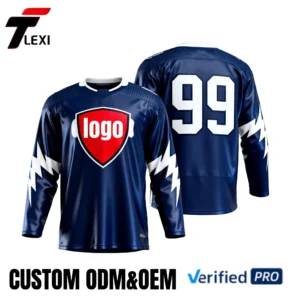 2 Pro Ice Hockey Jersey - Navy Blue with Lightning Design & Number | Custom ODM/OEM Team Uniform | Verified PRO Supplier