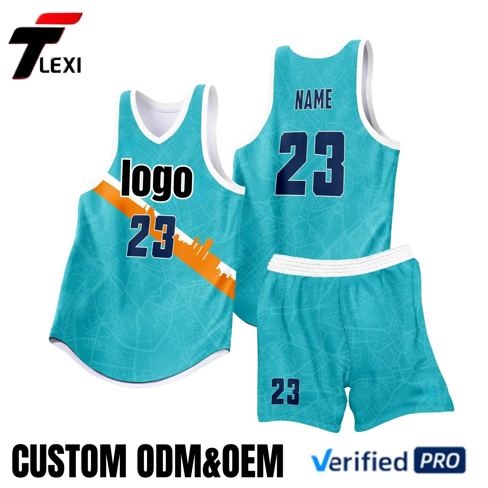 Teal Basketball Jersey Set with Urban Map Design - Custom ODM/OEM Team Uniforms | Number 23 Printing | Verified PRO Supplier