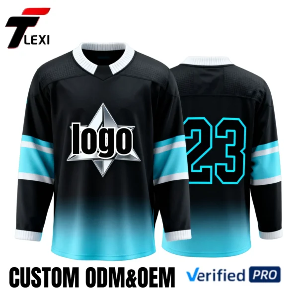 21 Pro Hockey Jersey - Black with Silver Star & Teal Gradient | Custom ODM/OEM Team Uniform with Number 23 | Verified PRO Supplier