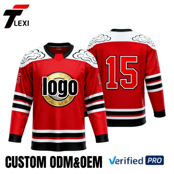 22 Pro Hockey Jersey - Red with Gold Logo & Number | Custom ODM/OEM Team Uniform | Verified PRO Supplier