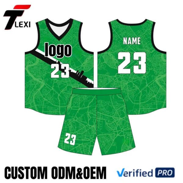 23 Green Basketball Uniform Set with Urban Map Design - Custom ODM/OEM Team Jerseys with Number 23 Printing | Verified PRO Supplier