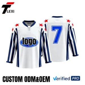 23 Pro Ice Hockey Jersey - White with Navy Blue Trim & Red Star Design | Custom ODM/OEM Team Uniform with Number 7 | Verified PRO Supplier