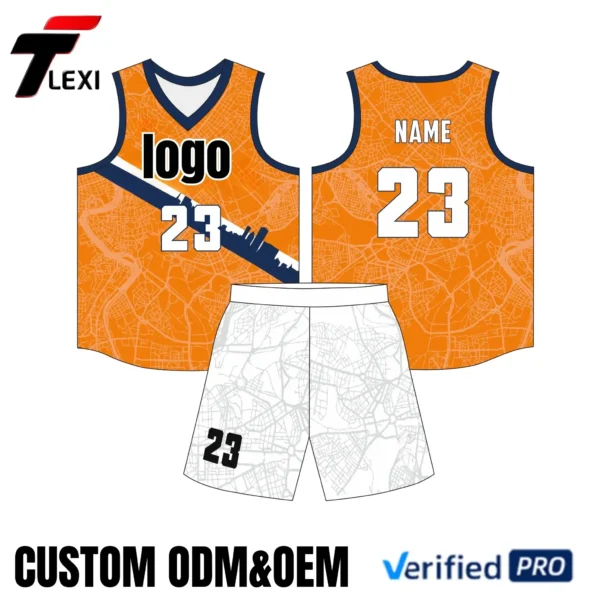 25 Orange Basketball Jersey Set with City Skyline Design - Custom ODM/OEM Team Uniforms | Number 23 Printing | Verified PRO Supplier