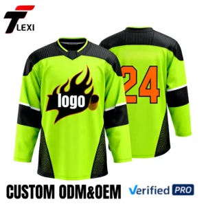3 Neon Green Ice Hockey Jersey with Black Accents & Flame Design - Custom ODM/OEM Team Uniform | Number 24 Printing | Verified PRO Supplier