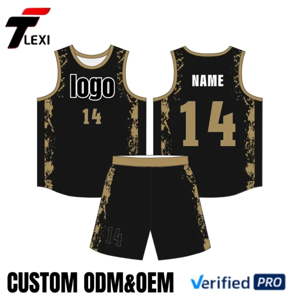 Black & Gold Basketball Uniform Set - Custom ODM/OEM Jersey with Splash Design for Teams | Verified PRO Supplier