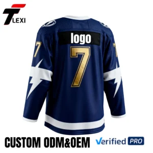 5 Pro Ice Hockey Jersey - Navy Blue with Gold Number 7 & Lightning Design | Custom ODM/OEM Team Uniform | Verified PRO Supplier