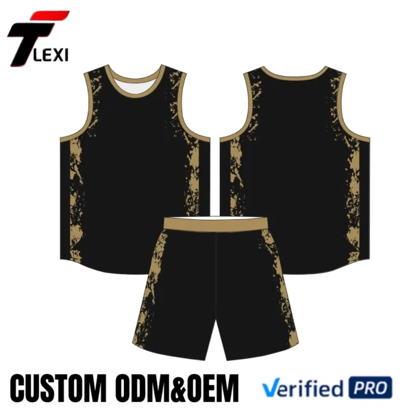 Black & Gold Basketball Uniform Set - Custom ODM/OEM Jersey with Splash Design for Teams | Verified PRO Supplier