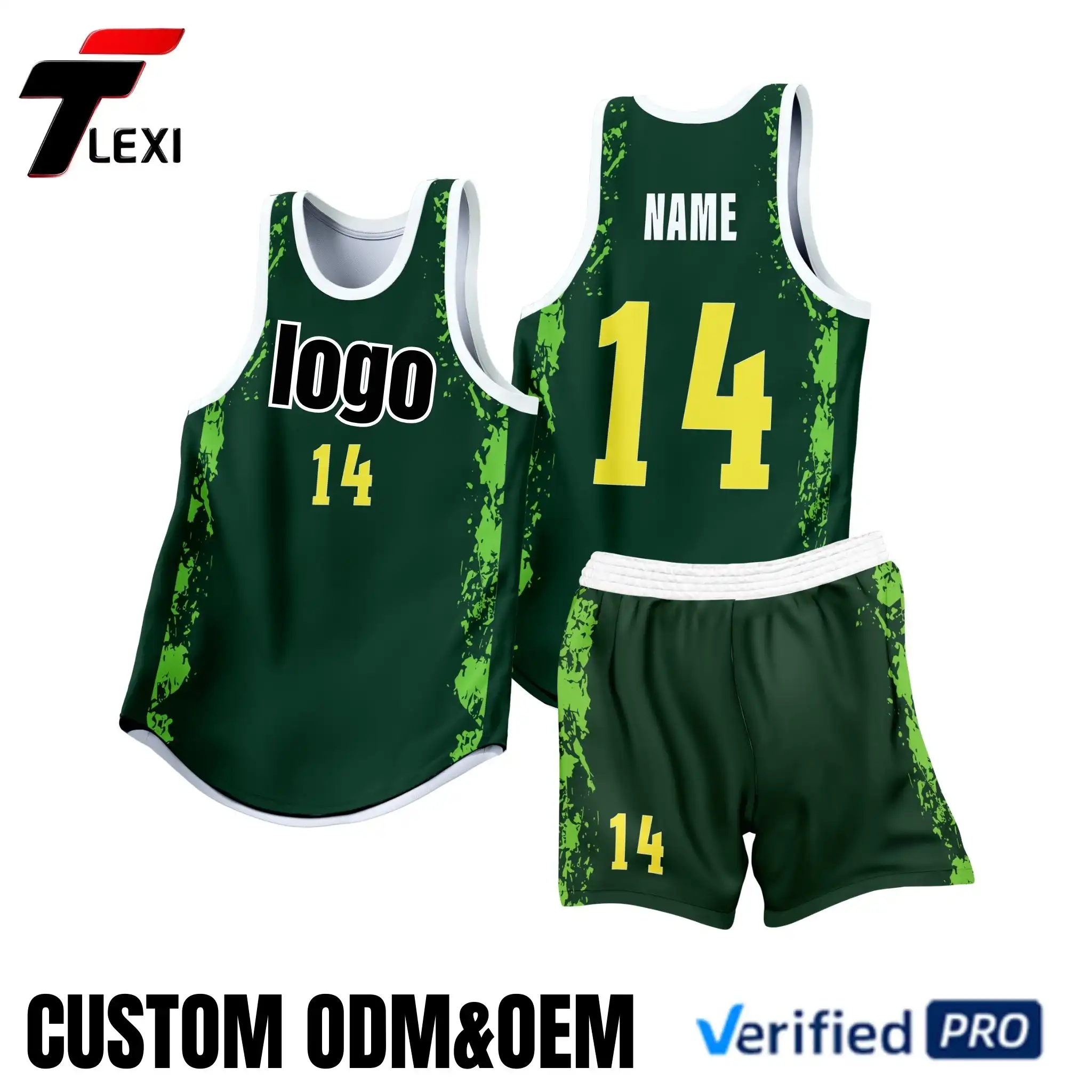 Custom dark green basketball jerseys with splash patterns & white/yellow accents. OEM/ODM support for logo, name, number printing