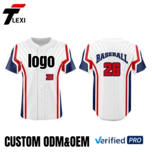 7 Classic White Baseball Jersey with Red & Blue Stripes - Custom ODM/OEM Team Uniform with Number 26 Printing | Verified PRO Supplier