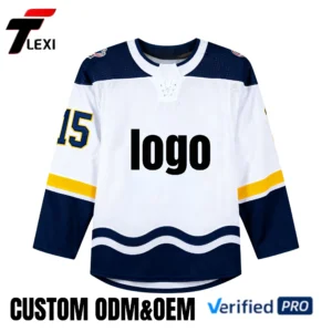 9 White Ice Hockey Jersey with Navy & Yellow Accents - Custom ODM/OEM Pro Uniform with Number 15 | Verified PRO Supplier